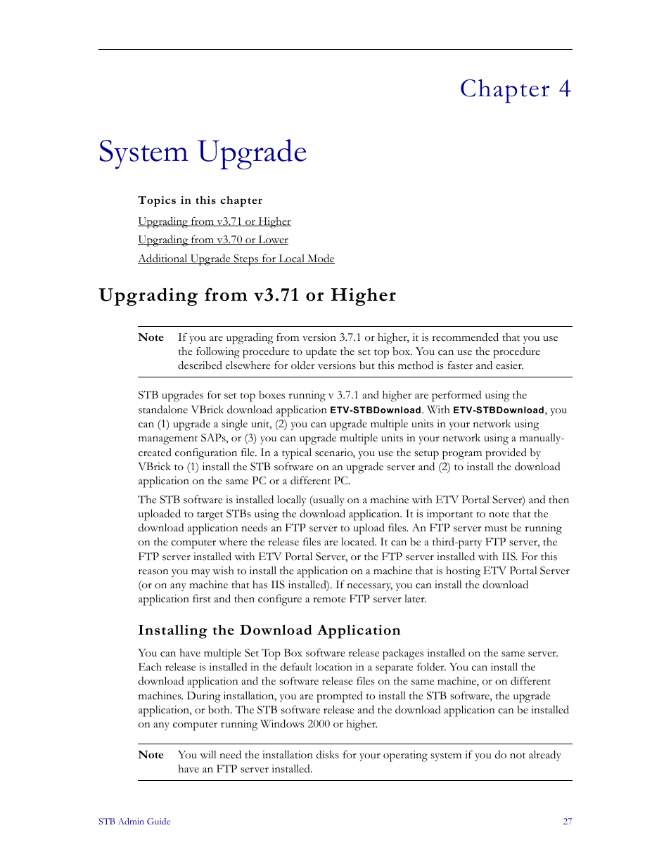 System upgrade, Upgrading from v3.71 or higher, Installing the download application | System upgrade – exp, Chapter 4 | VBrick Systems MPEG-1 User Manual | Page 33 / 58