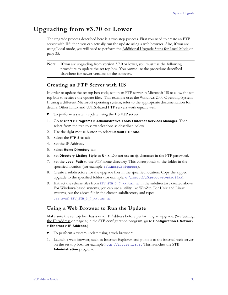 Upgrading from v3.70 or lower, Creating an ftp server with iis, Using a web browser to run the update | VBrick Systems MPEG-1 User Manual | Page 39 / 58