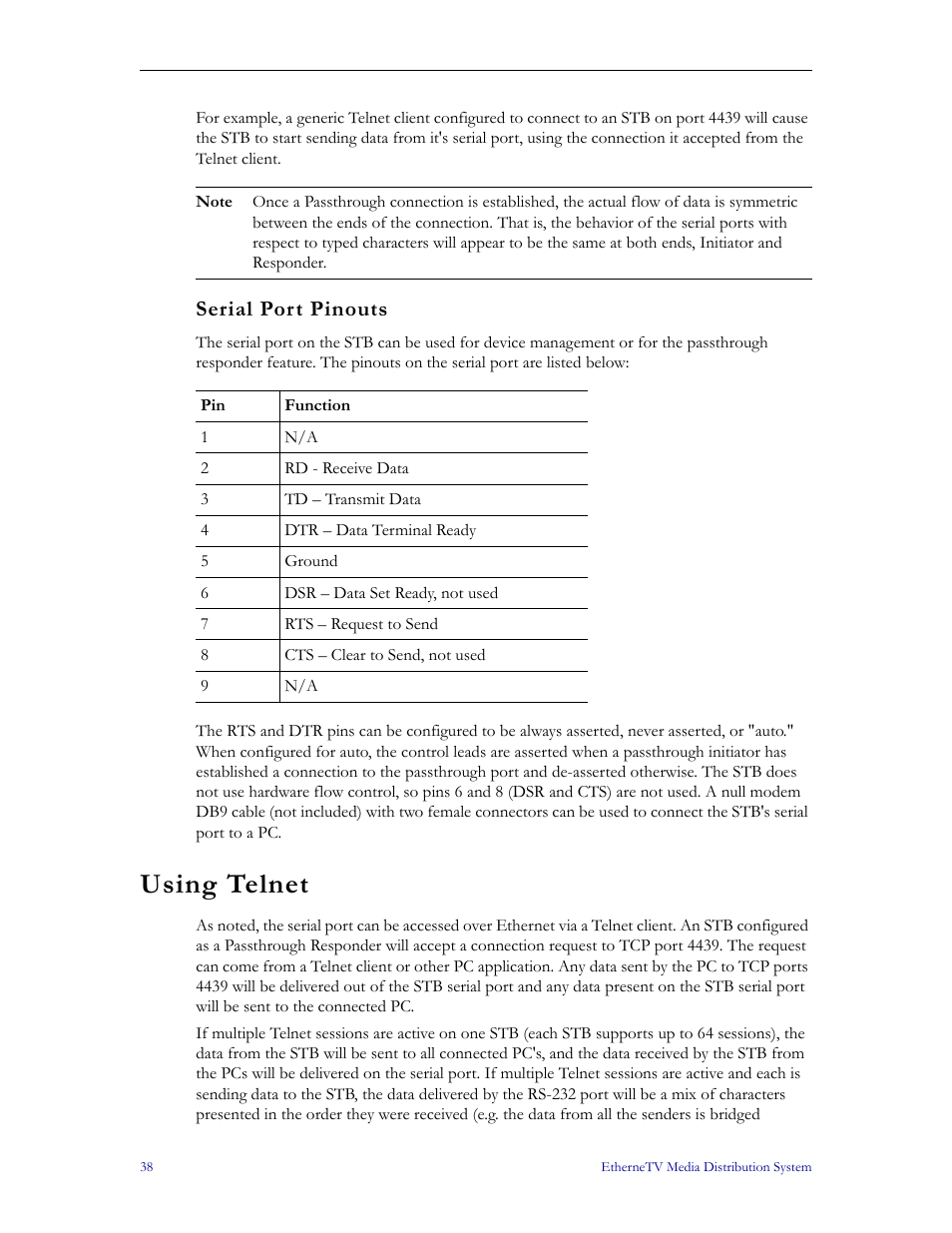 Serial port pinouts, Using telnet | VBrick Systems MPEG-1 User Manual | Page 44 / 58