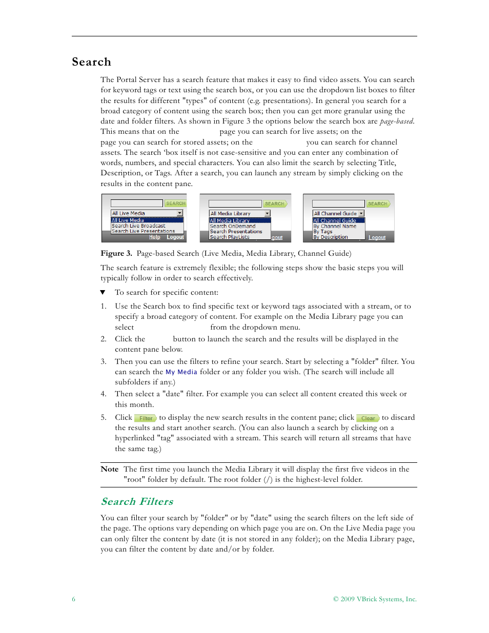 Search, Search filters | VBrick Systems ENTERPRISE MEDIA SYSTEM V5.0 User Manual | Page 12 / 76