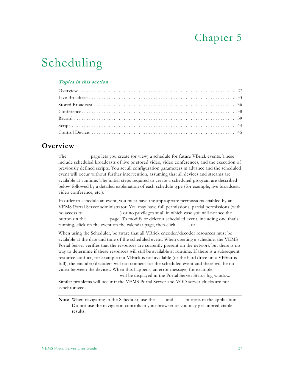 Scheduling, Overview, Chapter 5 | VBrick Systems ENTERPRISE MEDIA SYSTEM V5.0 User Manual | Page 33 / 76