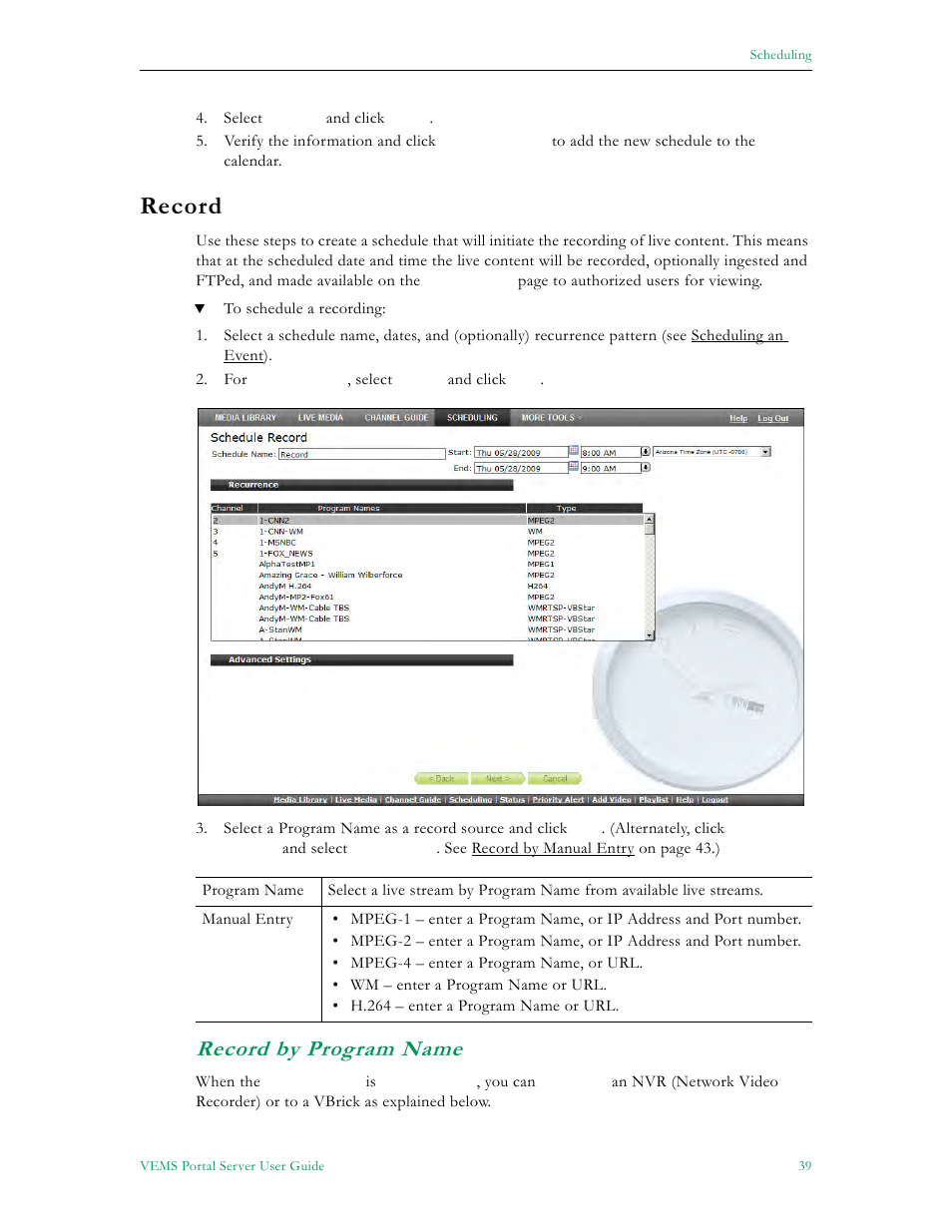 Record, Record by program name | VBrick Systems ENTERPRISE MEDIA SYSTEM V5.0 User Manual | Page 45 / 76