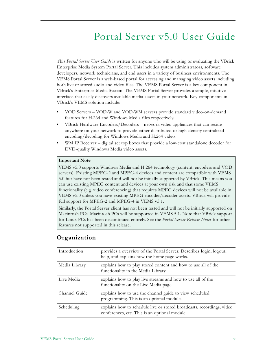 Portal server v5.0 user guide, Organization | VBrick Systems ENTERPRISE MEDIA SYSTEM V5.0 User Manual | Page 5 / 76