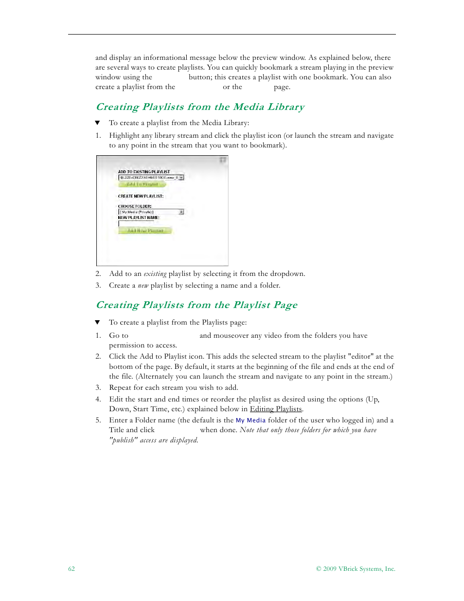 Creating playlists from the media library, Creating playlists from the playlist page | VBrick Systems ENTERPRISE MEDIA SYSTEM V5.0 User Manual | Page 68 / 76