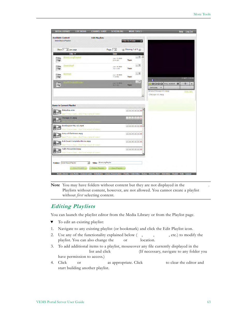 Editing playlists, Editing | VBrick Systems ENTERPRISE MEDIA SYSTEM V5.0 User Manual | Page 69 / 76