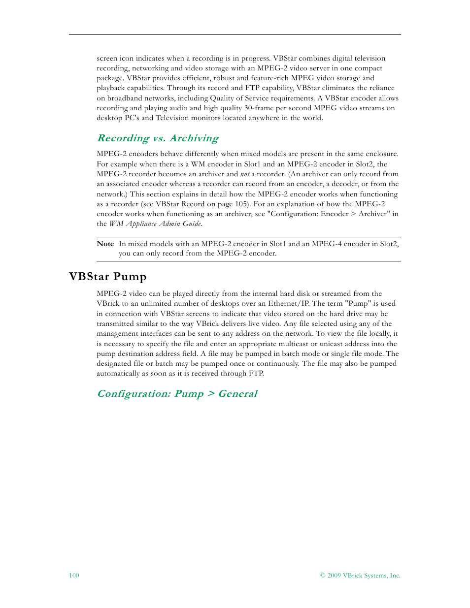 Recording vs. archiving, Vbstar pump, Configuration: pump > general | VBrick Systems VB5000 User Manual | Page 108 / 124