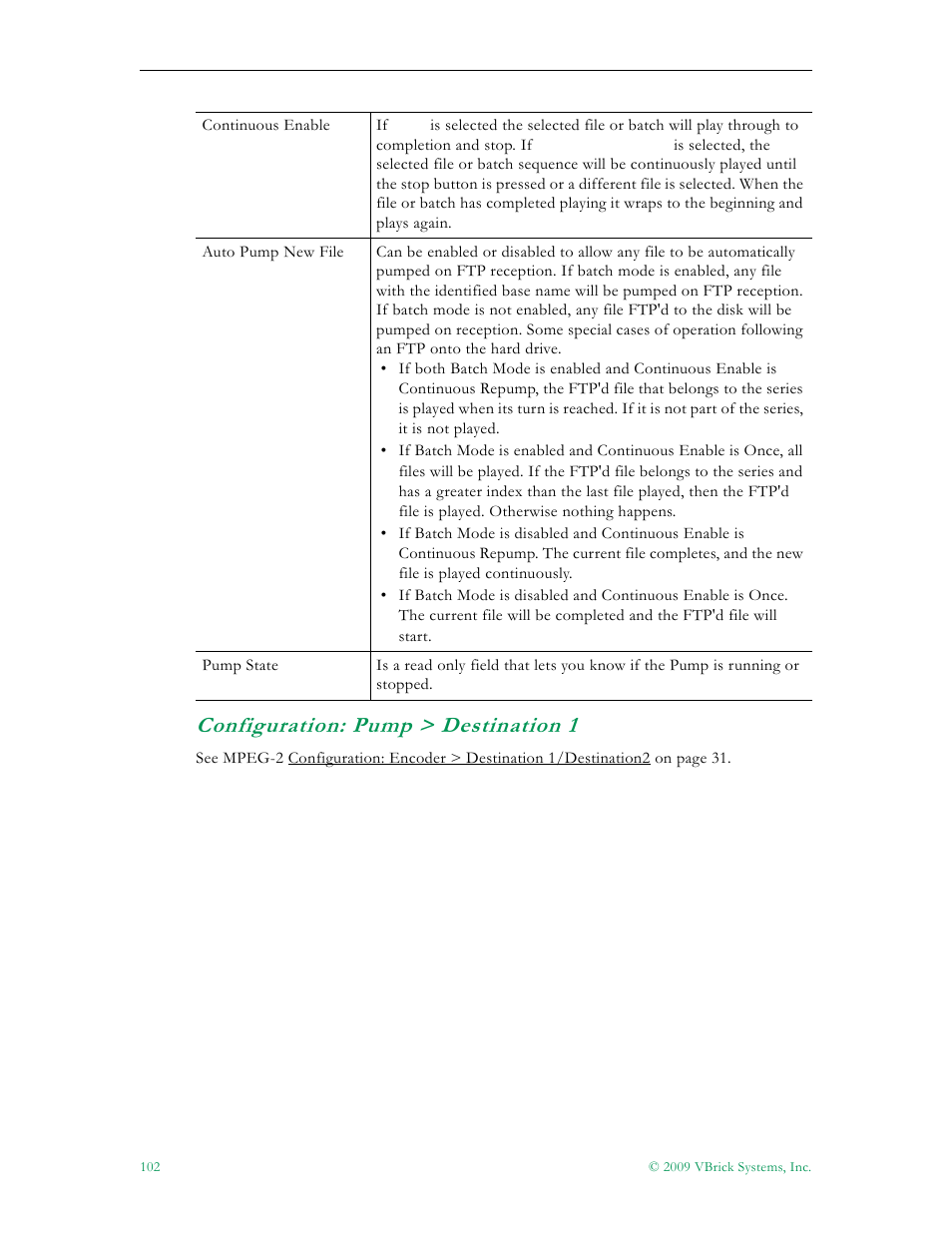 Configuration: pump > destination 1 | VBrick Systems VB5000 User Manual | Page 110 / 124