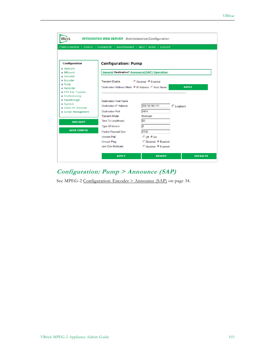 Configuration: pump > announce (sap) | VBrick Systems VB5000 User Manual | Page 111 / 124
