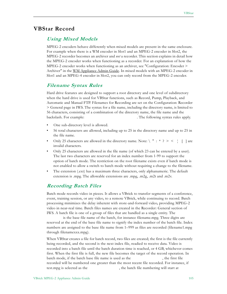 Vbstar record, Using mixed models, Filename syntax rules | Recording batch files | VBrick Systems VB5000 User Manual | Page 113 / 124