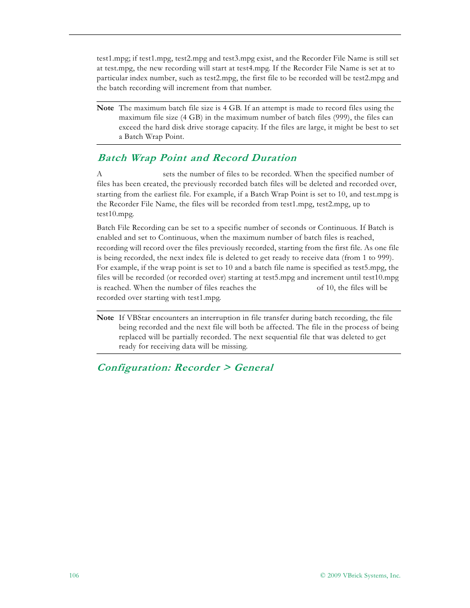 Batch wrap point and record duration, Configuration: recorder > general | VBrick Systems VB5000 User Manual | Page 114 / 124