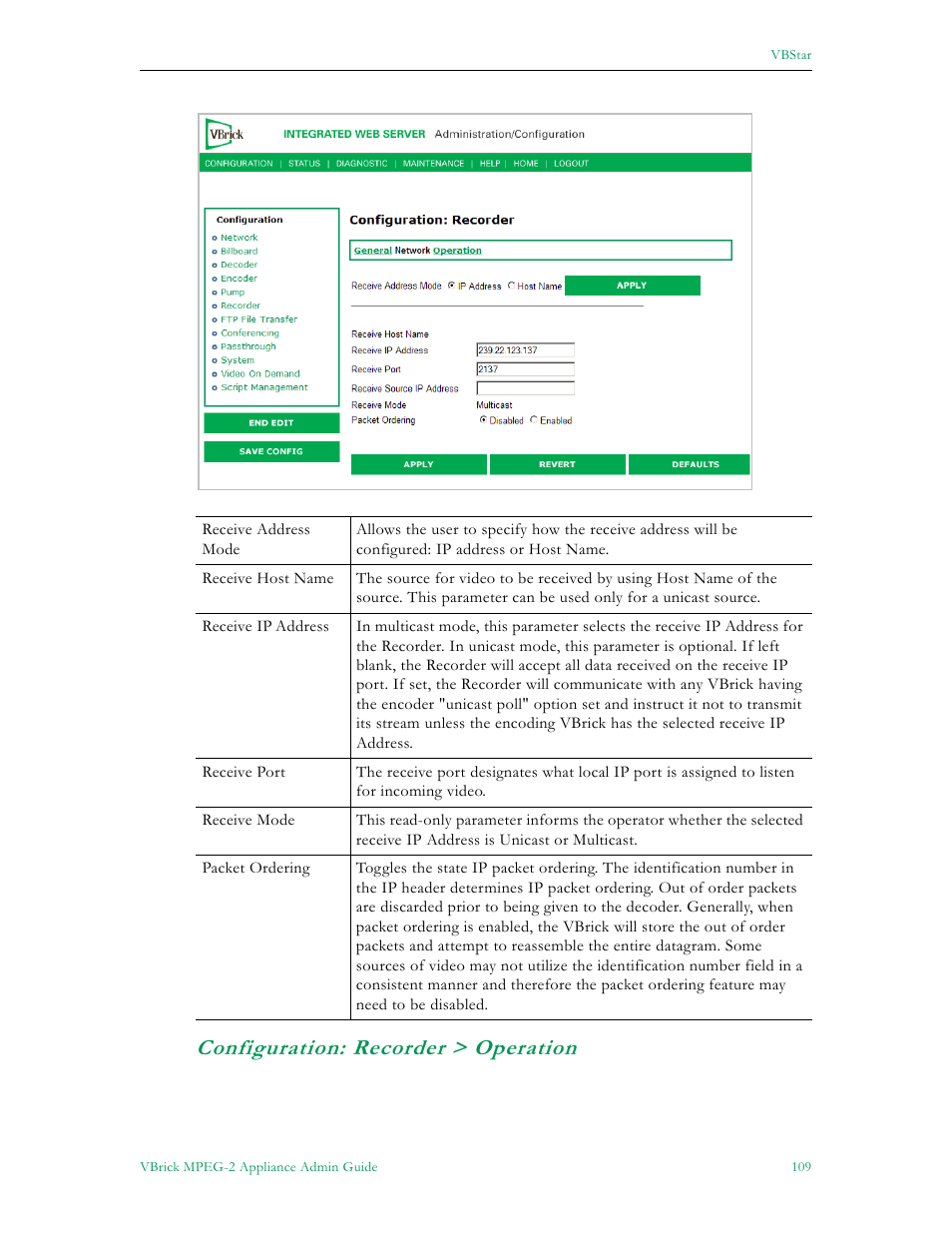 Configuration: recorder > operation | VBrick Systems VB5000 User Manual | Page 117 / 124