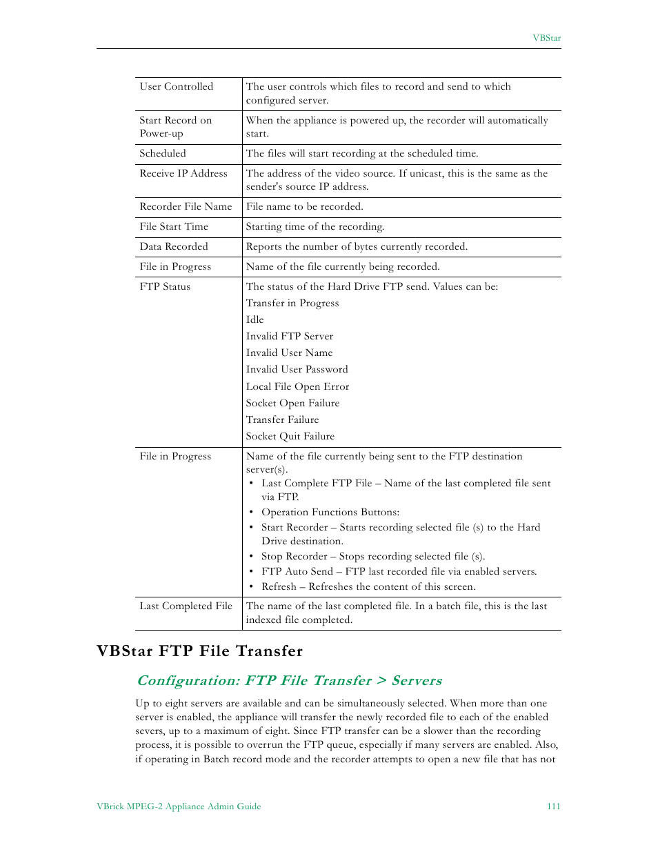 Vbstar ftp file transfer, Configuration: ftp file transfer > servers | VBrick Systems VB5000 User Manual | Page 119 / 124