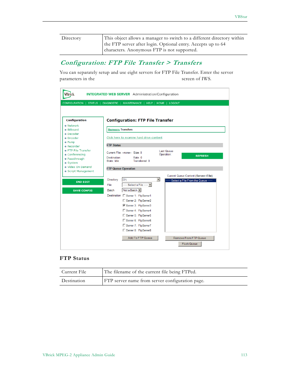 Configuration: ftp file transfer > transfers | VBrick Systems VB5000 User Manual | Page 121 / 124