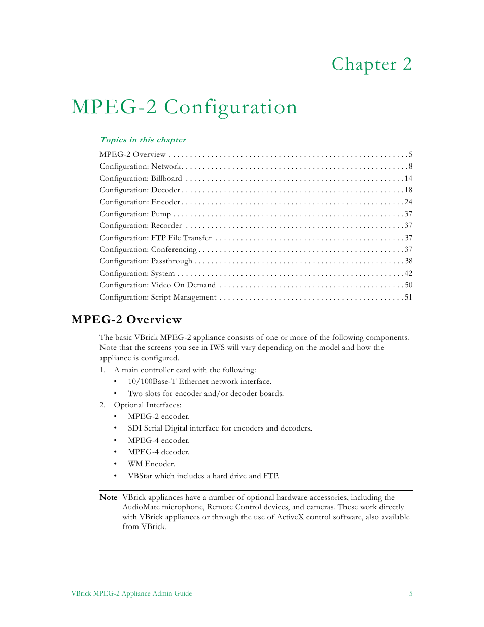 Mpeg-2 configuration, Mpeg-2 overview, Chapter 2 | VBrick Systems VB5000 User Manual | Page 13 / 124