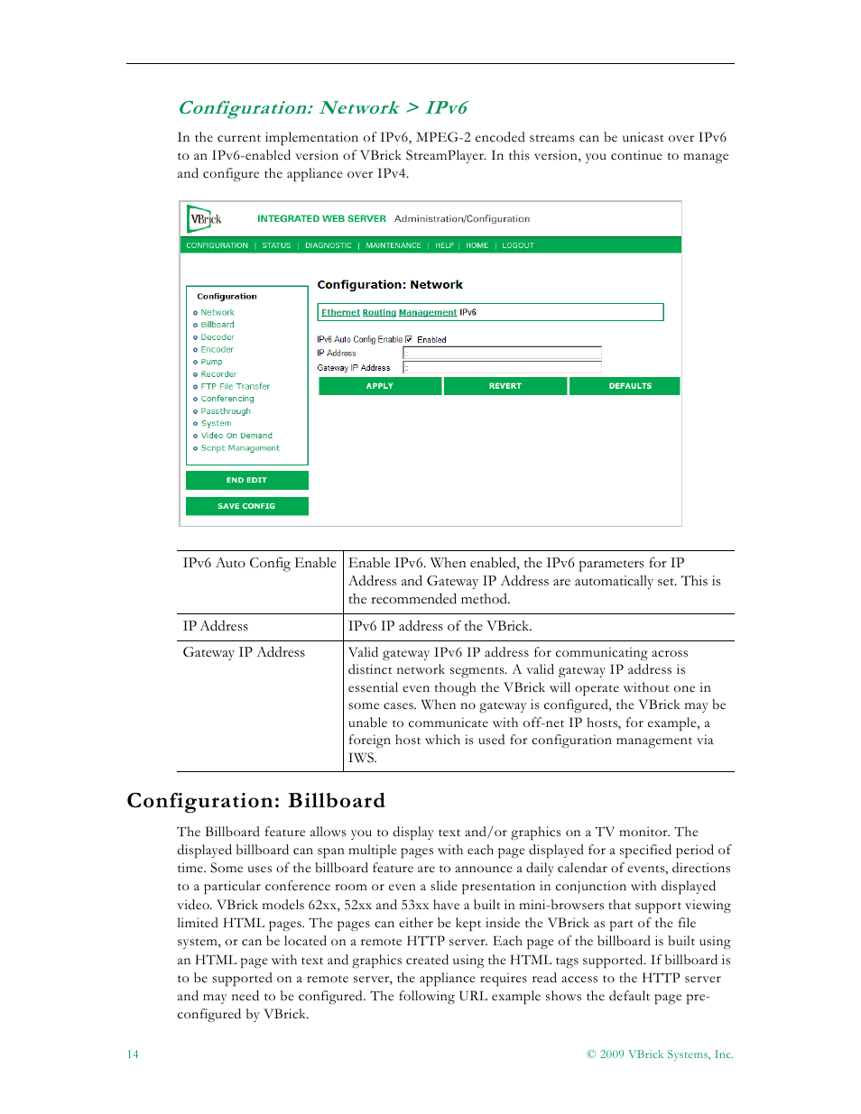 Configuration: network > ipv6, Configuration: billboard | VBrick Systems VB5000 User Manual | Page 22 / 124
