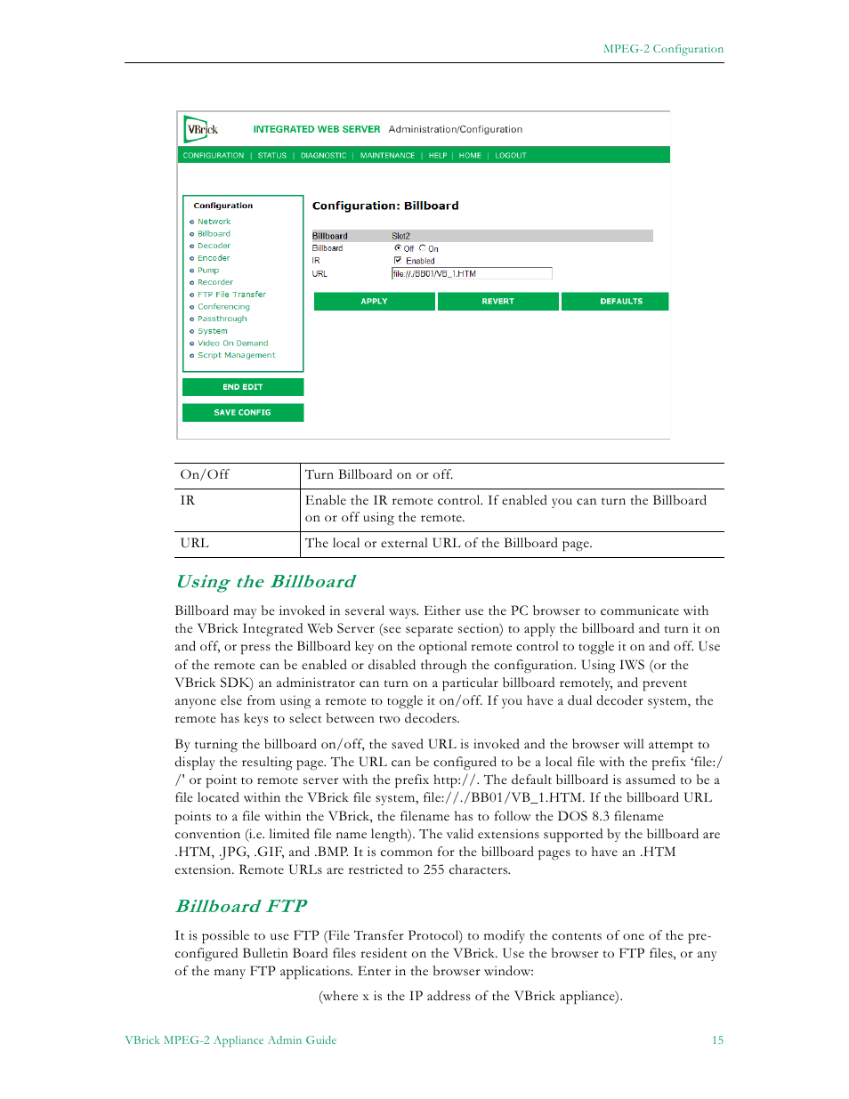 Using the billboard billboard ftp, Using the billboard, Billboard ftp | VBrick Systems VB5000 User Manual | Page 23 / 124
