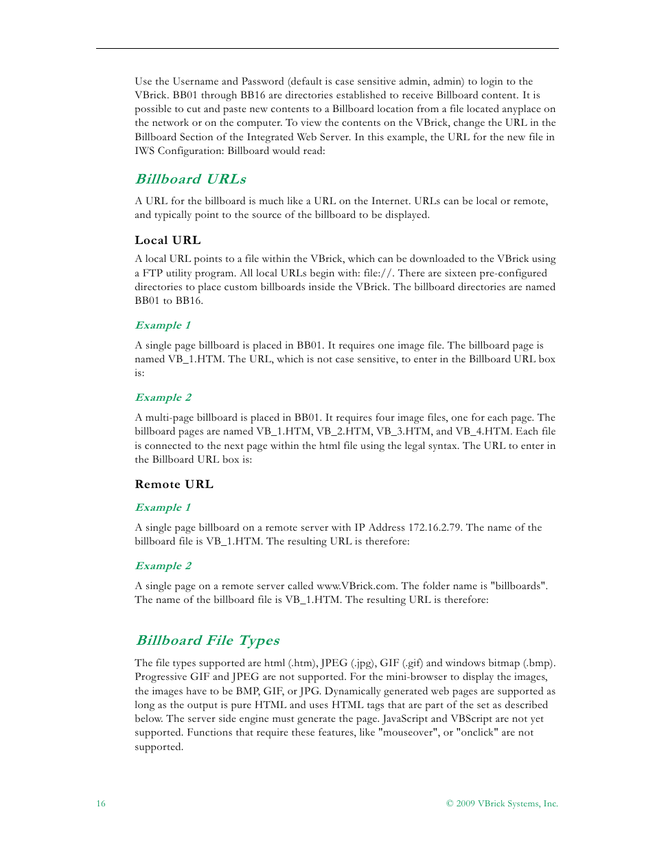 Billboard urls billboard file types, Billboard urls, Billboard file types | VBrick Systems VB5000 User Manual | Page 24 / 124