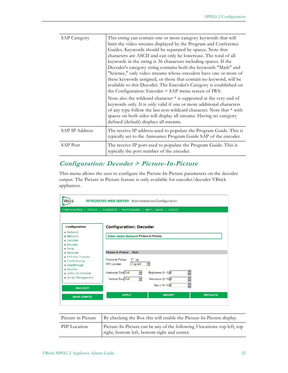 Configuration: decoder > picture-in-picture | VBrick Systems VB5000 User Manual | Page 31 / 124