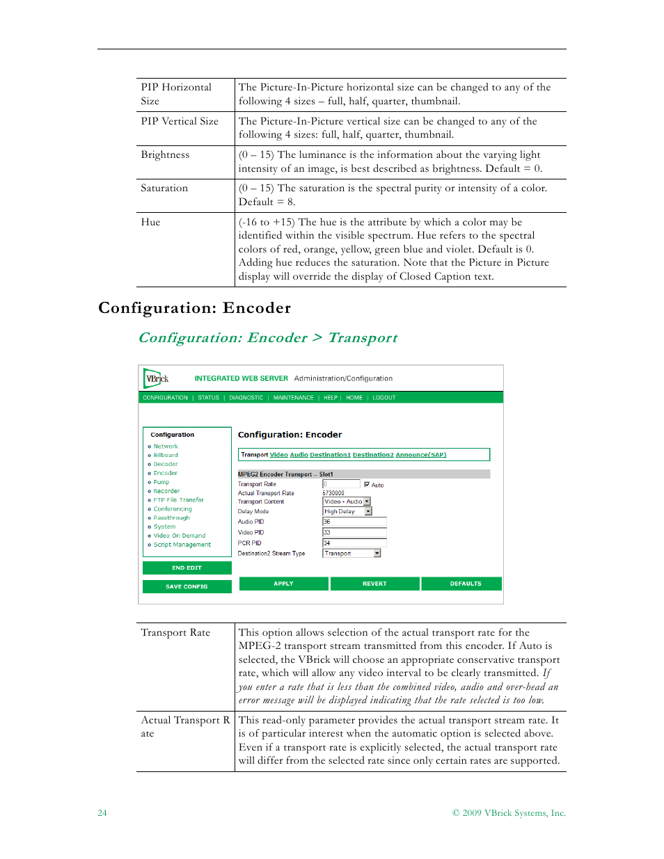 Configuration: encoder, Configuration: encoder > transport | VBrick Systems VB5000 User Manual | Page 32 / 124