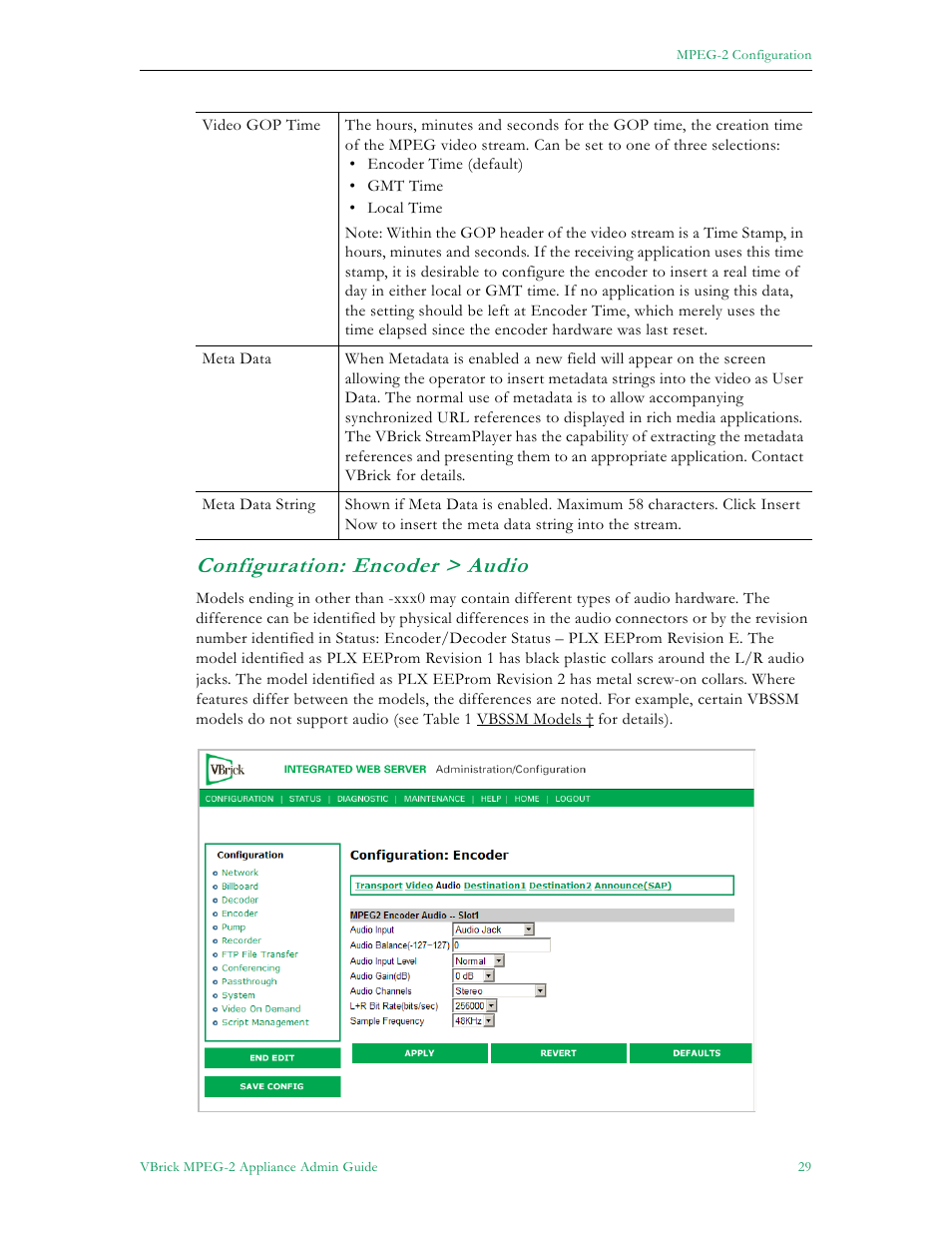 Configuration: encoder > audio | VBrick Systems VB5000 User Manual | Page 37 / 124