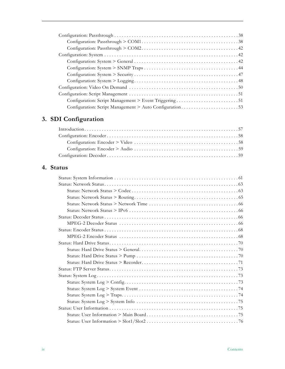 Sdi configuration, Status | VBrick Systems VB5000 User Manual | Page 4 / 124