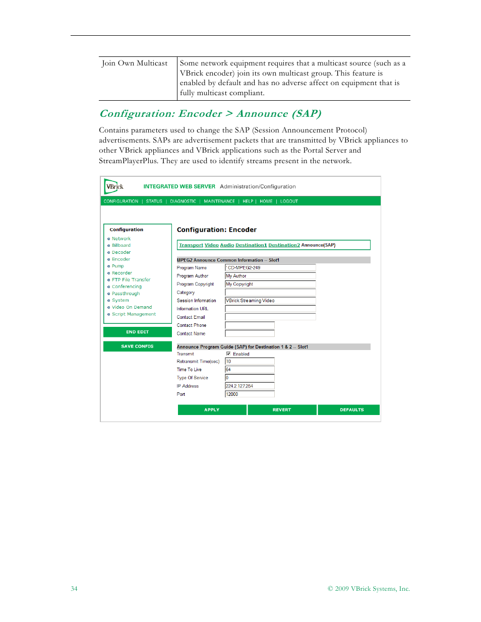 Configuration: encoder > announce (sap) | VBrick Systems VB5000 User Manual | Page 42 / 124