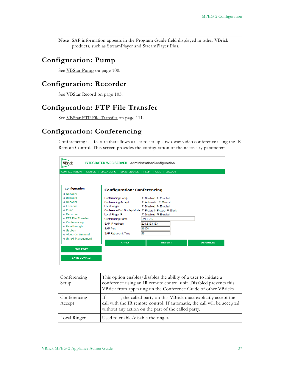 Configuration: pump, 37 configuration: recorder, 37 configuration: ftp file transfer | 37 configuration: conferencing, Configuration: recorder, Configuration: ftp file transfer, Configuration: conferencing | VBrick Systems VB5000 User Manual | Page 45 / 124