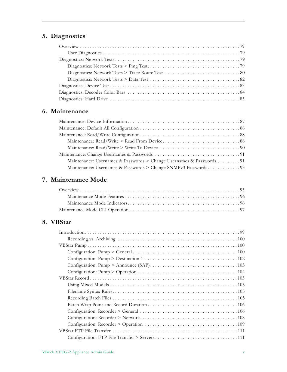 Diagnostics, Maintenance, Maintenance mode | Vbstar | VBrick Systems VB5000 User Manual | Page 5 / 124