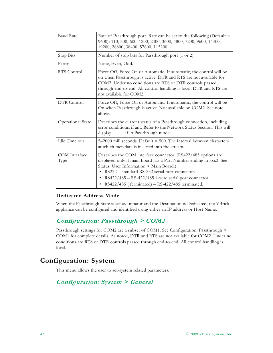 Configuration: passthrough > com2, Configuration: system, Configuration: system > general | VBrick Systems VB5000 User Manual | Page 50 / 124