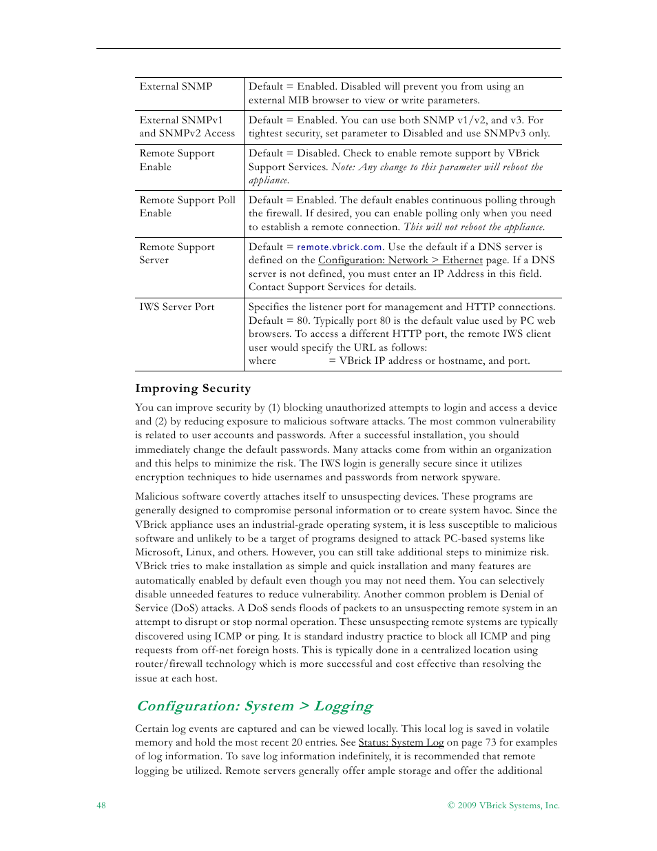Configuration: system > logging | VBrick Systems VB5000 User Manual | Page 56 / 124