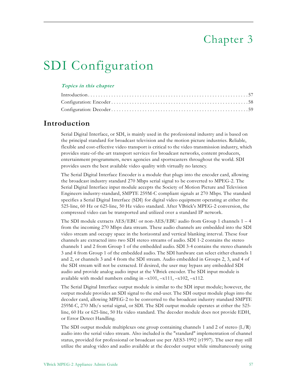 Sdi configuration, Introduction, 2 (see sdi configuration | Chapter 3 | VBrick Systems VB5000 User Manual | Page 65 / 124