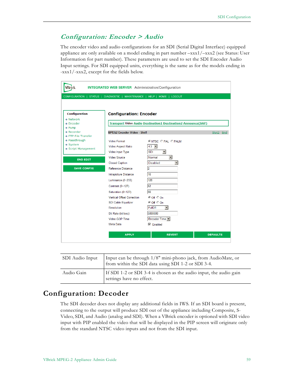 Configuration: encoder > audio, Configuration: decoder | VBrick Systems VB5000 User Manual | Page 67 / 124