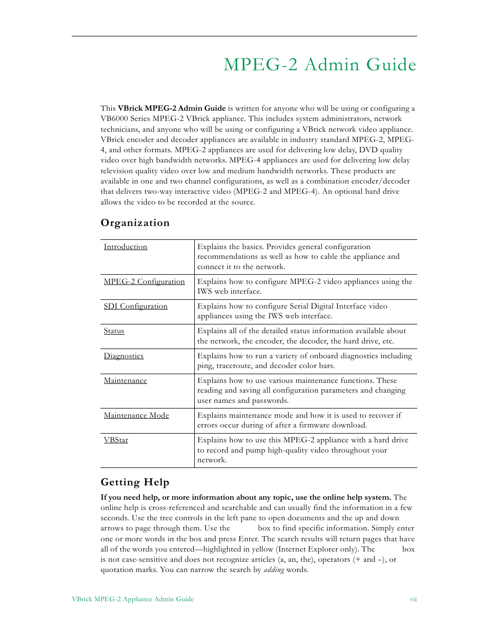 Mpeg-2 admin guide, Organization getting help | VBrick Systems VB5000 User Manual | Page 7 / 124
