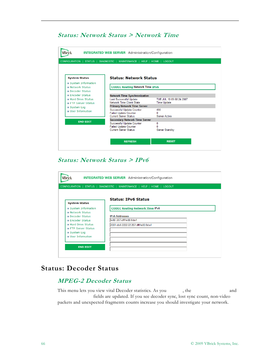 Status: decoder status, Mpeg-2 decoder status | VBrick Systems VB5000 User Manual | Page 74 / 124
