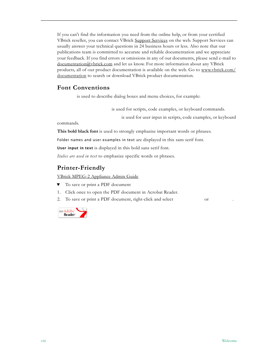 Font conventions, Printer-friendly | VBrick Systems VB5000 User Manual | Page 8 / 124