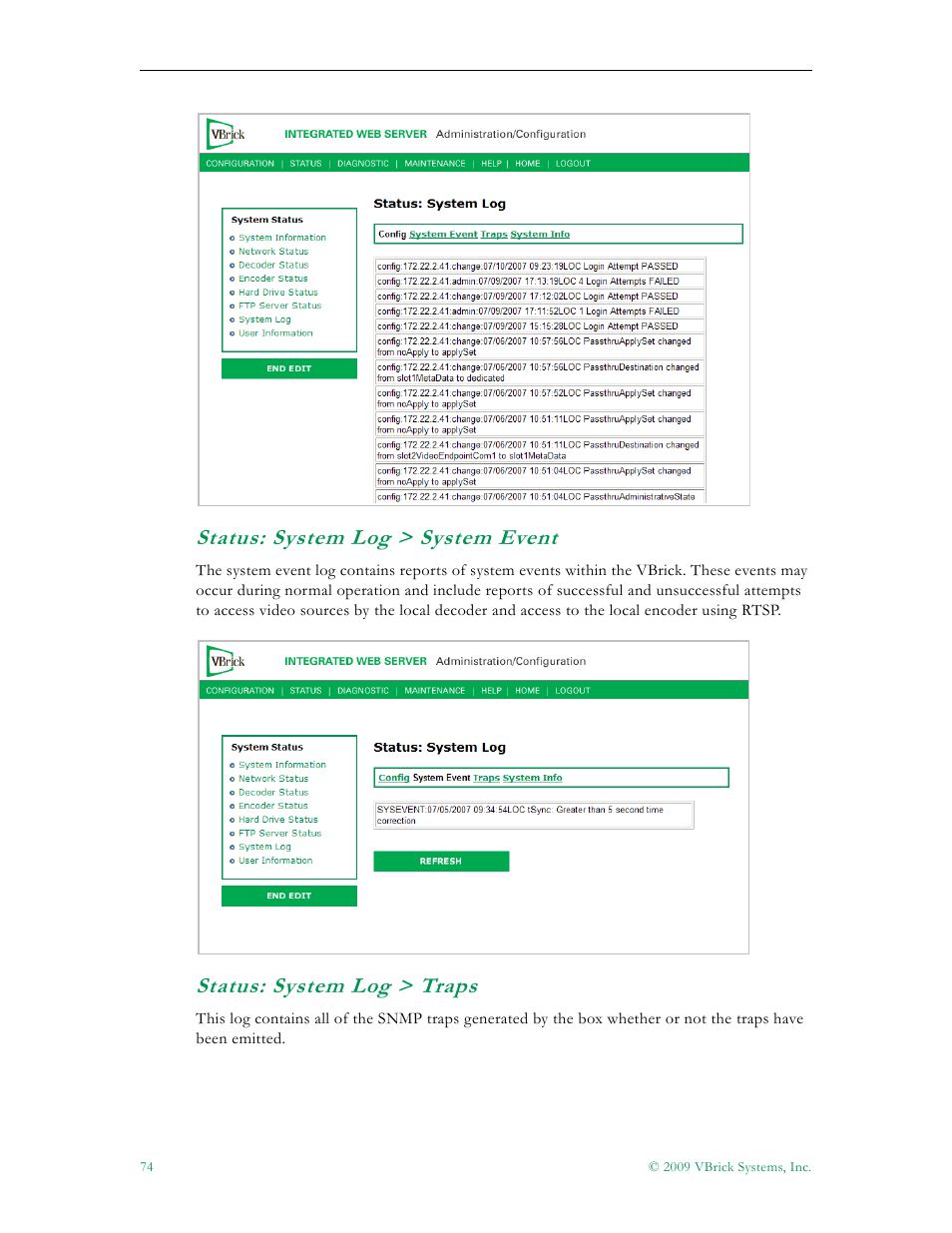 Status: system log > system event, Status: system log > traps | VBrick Systems VB5000 User Manual | Page 82 / 124