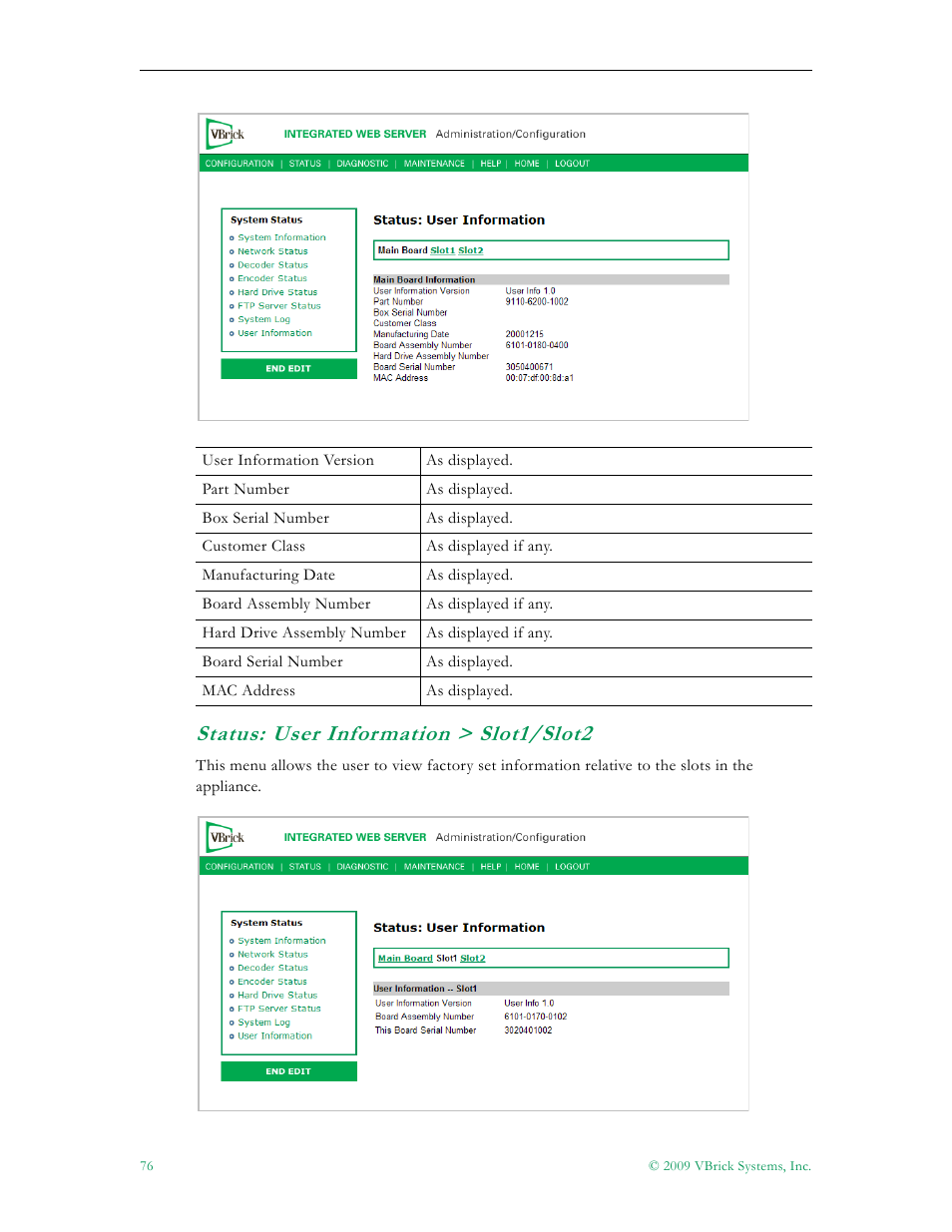 Status: user information > slot1/slot2 | VBrick Systems VB5000 User Manual | Page 84 / 124