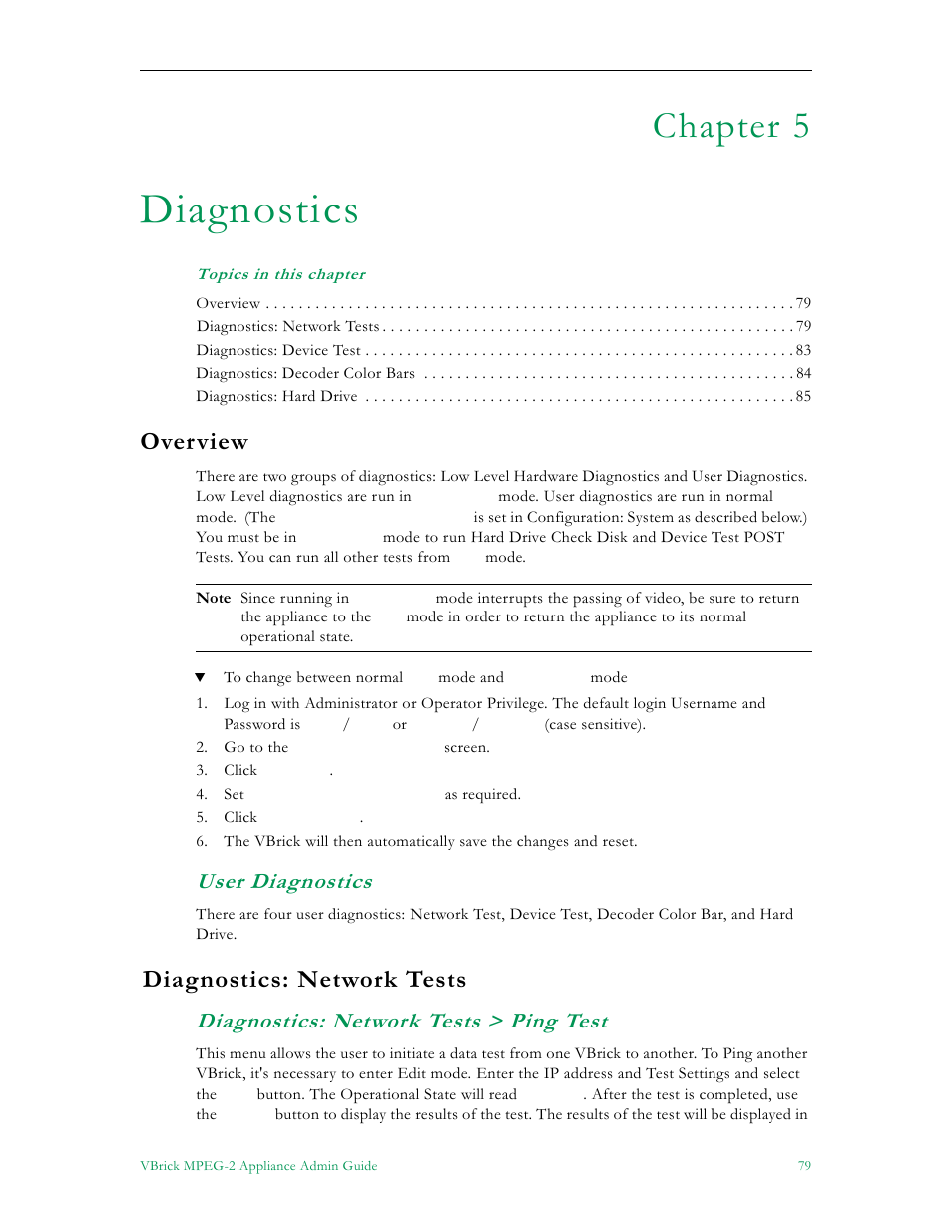 Diagnostics, Overview, User diagnostics | Diagnostics: network tests, Diagnostics: network tests > ping test, Chapter 5 | VBrick Systems VB5000 User Manual | Page 87 / 124