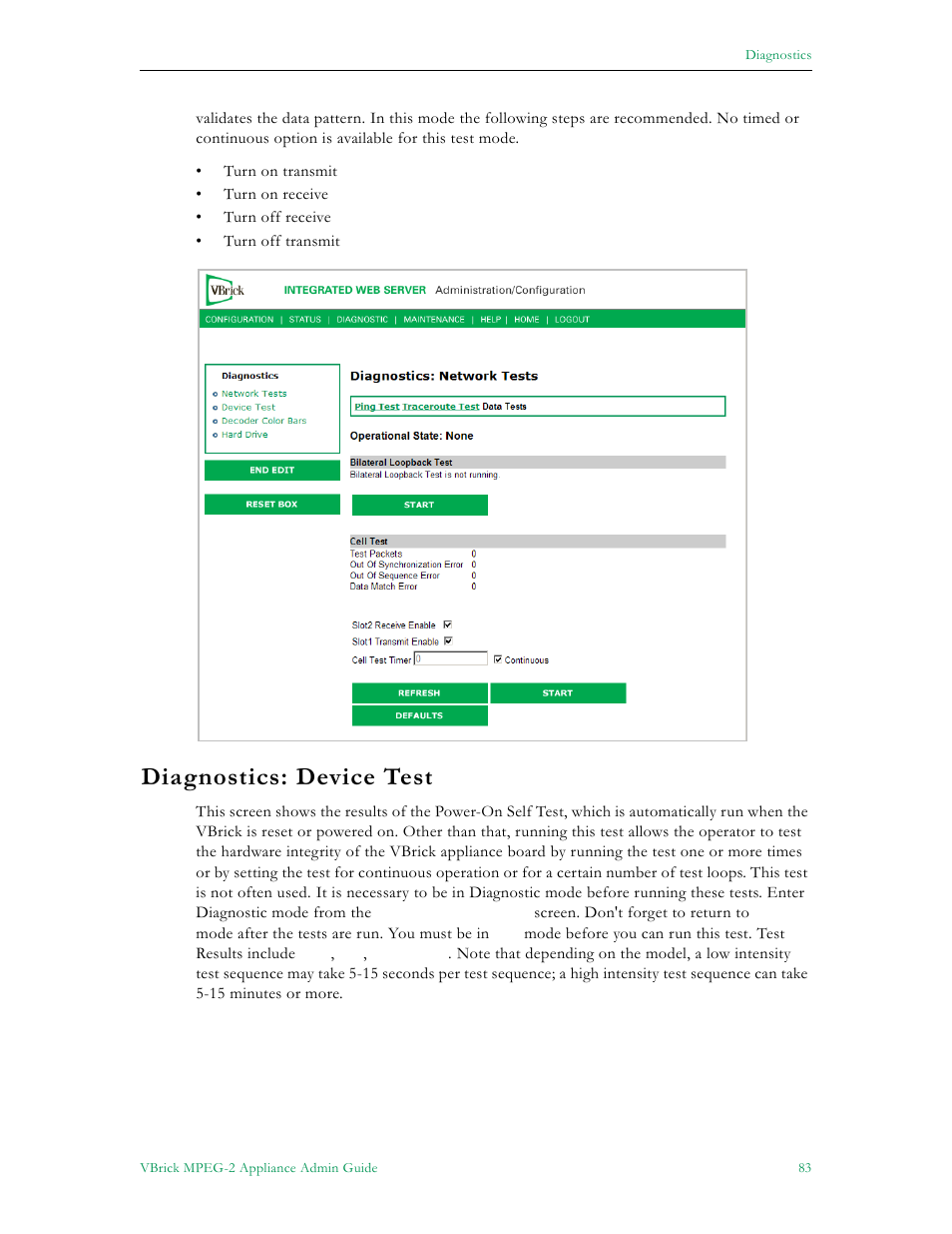 Diagnostics: device test | VBrick Systems VB5000 User Manual | Page 91 / 124