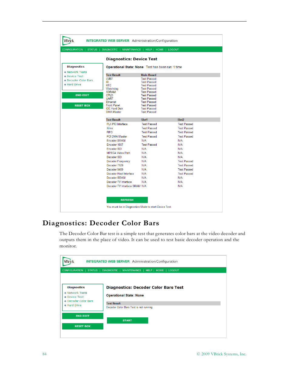 Diagnostics: decoder color bars | VBrick Systems VB5000 User Manual | Page 92 / 124
