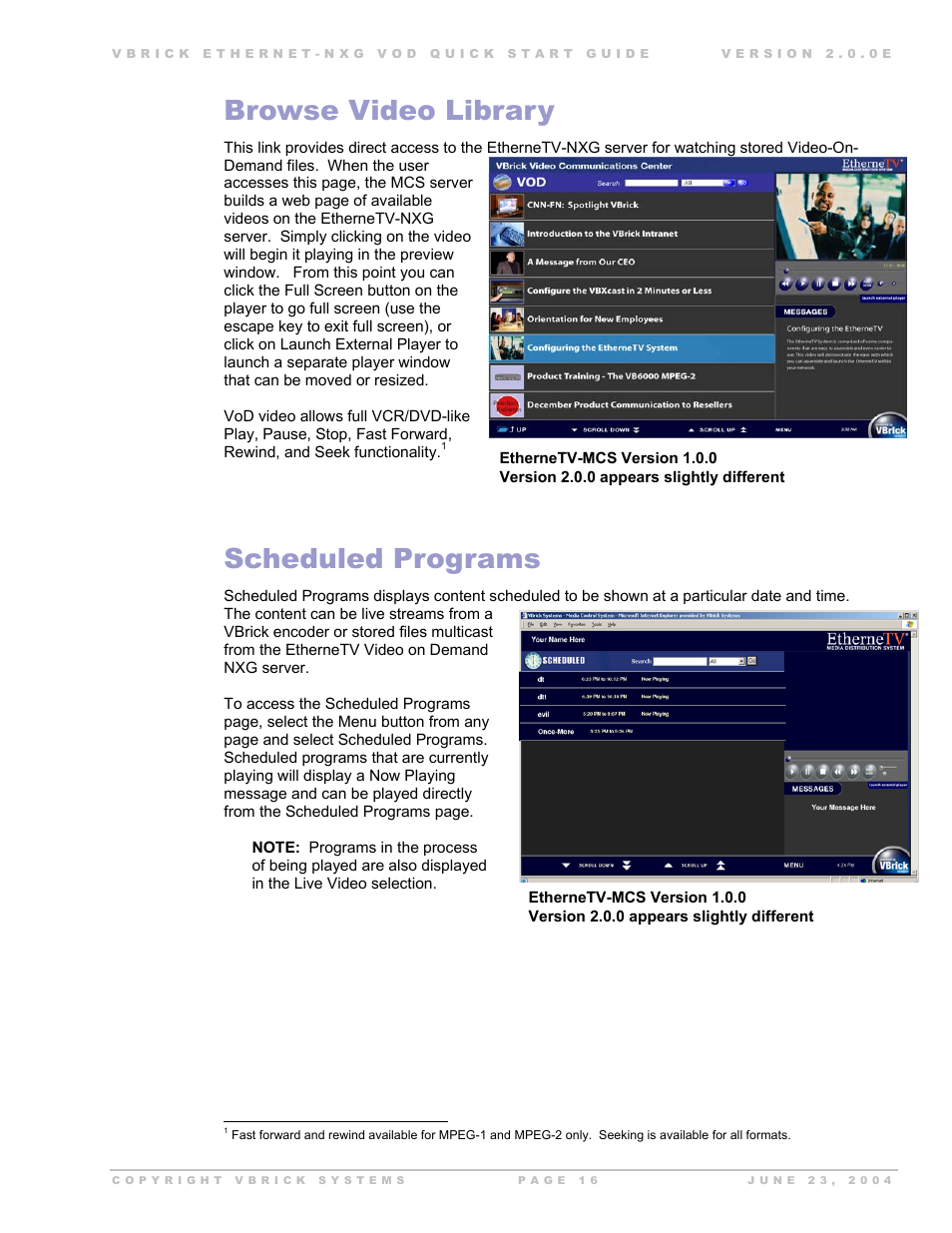 Browse video library, Scheduled programs | VBrick Systems EtherneTV-NXG 2 User Manual | Page 16 / 21