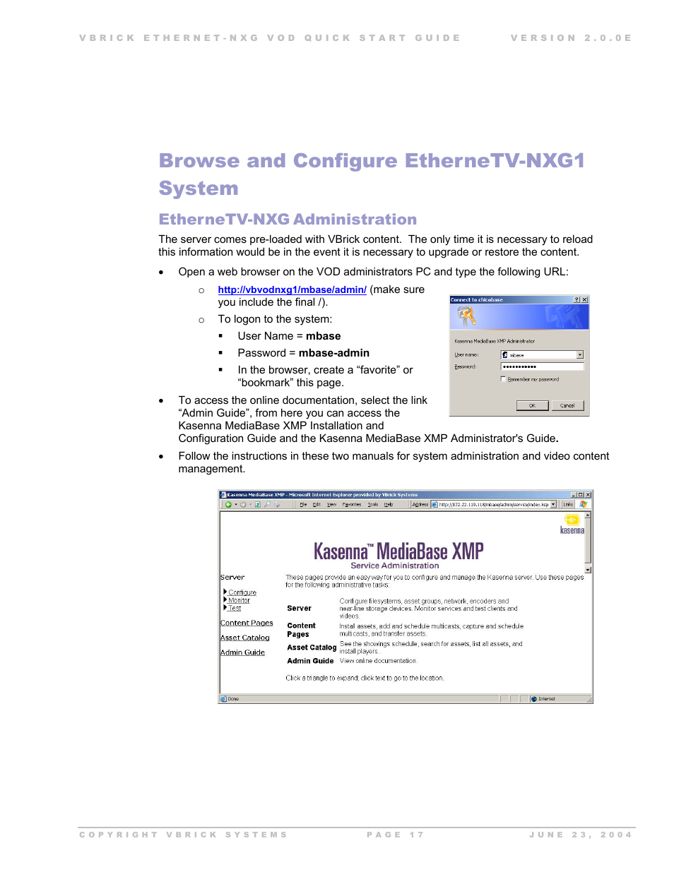 Browse and configure ethernetv-nxg1 system, Ethernetv-nxg, Administration | VBrick Systems EtherneTV-NXG 2 User Manual | Page 17 / 21