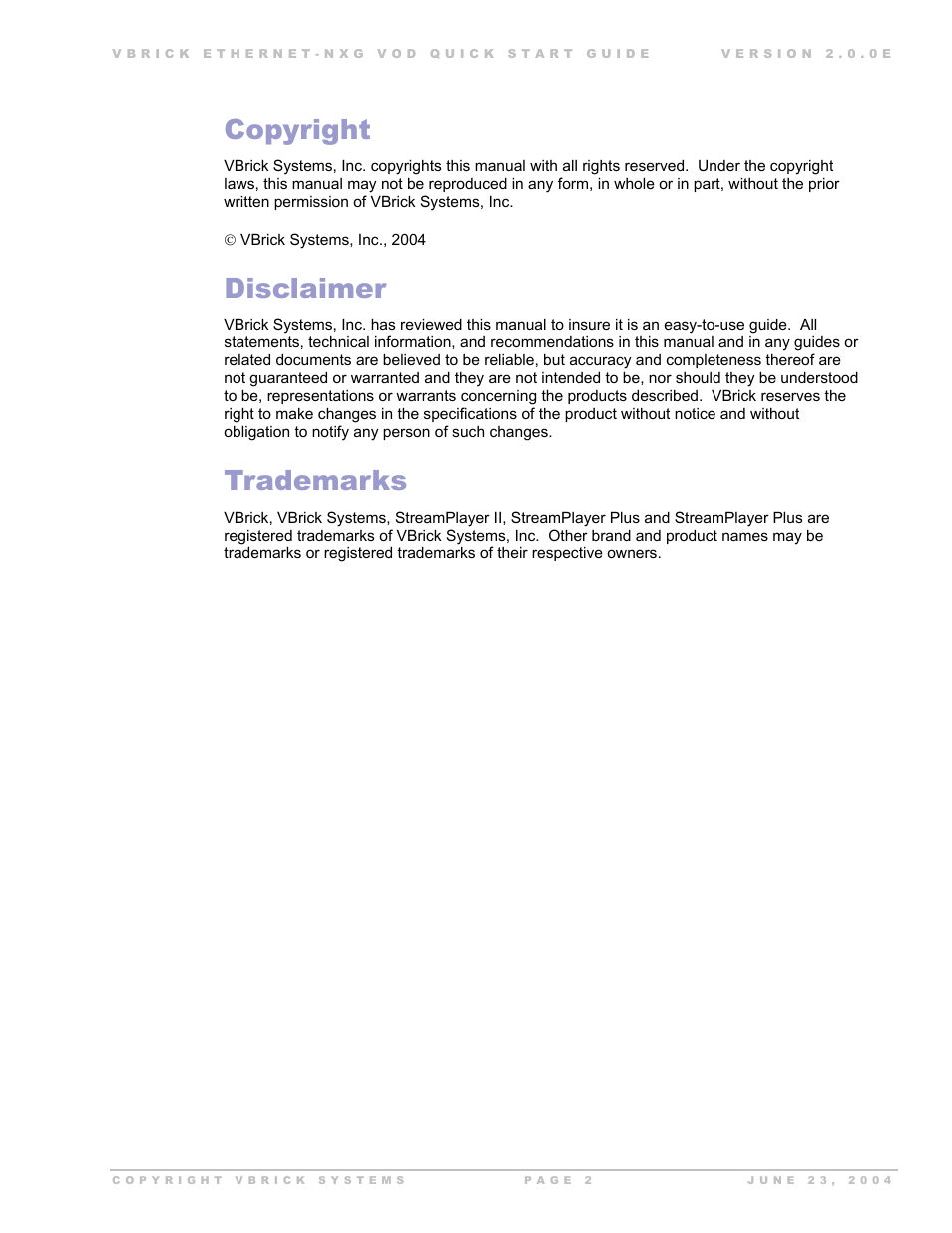 Copyright, Disclaimer, Trademarks | VBrick Systems EtherneTV-NXG 2 User Manual | Page 2 / 21