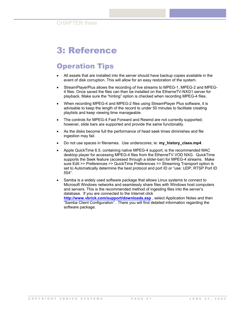 Reference, Operation tips, Chapter three | VBrick Systems EtherneTV-NXG 2 User Manual | Page 21 / 21