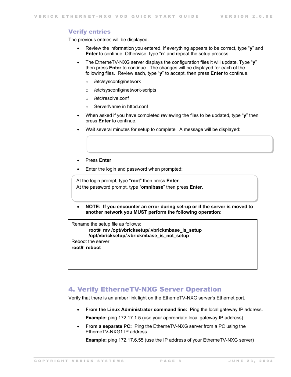 Verify ethernetv-nxg server operation, Verify entries | VBrick Systems EtherneTV-NXG 2 User Manual | Page 8 / 21