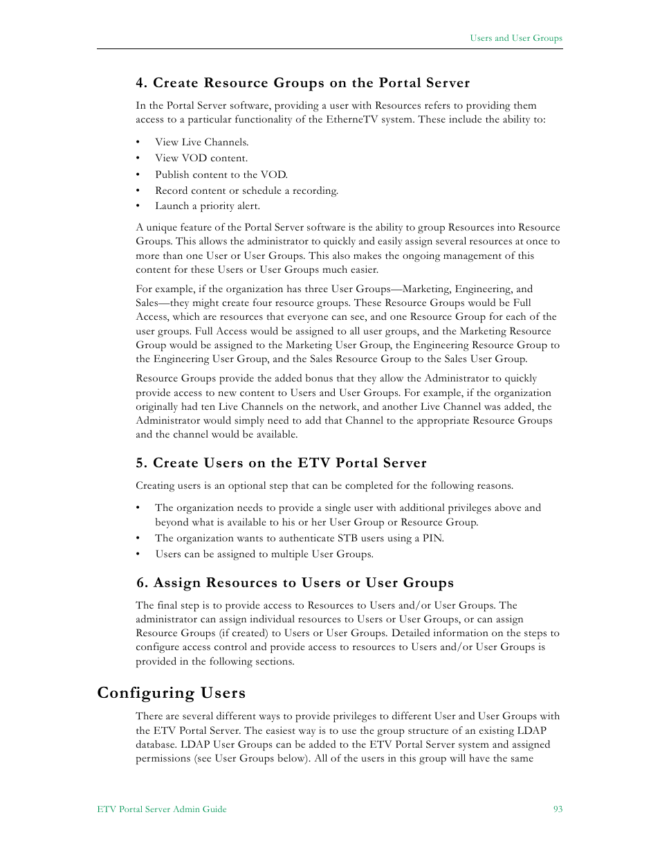 Configuring users, Create resource groups on the portal server, Create users on the etv portal server | Assign resources to users or user groups | VBrick Systems Portal Server ETV v4.2.1 User Manual | Page 105 / 180