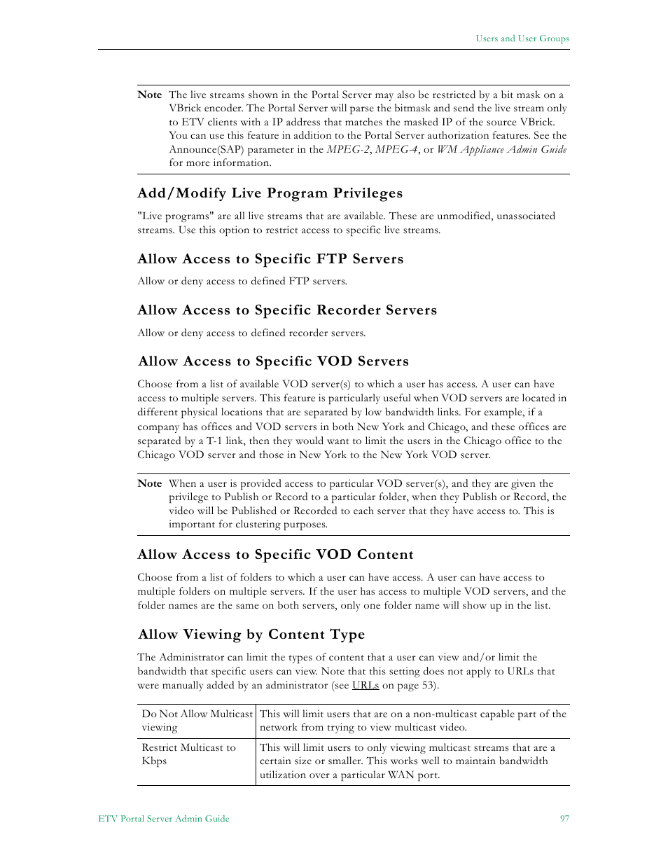 Add/modify live program privileges, 97 allow access to specific ftp servers, 97 allow access to specific recorder servers | 97 allow access to specific vod servers, 97 allow access to specific vod content, 97 allow viewing by content type, Allow access to specific ftp servers, Allow access to specific recorder servers, Allow access to specific vod servers, Allow access to specific vod content | VBrick Systems Portal Server ETV v4.2.1 User Manual | Page 109 / 180