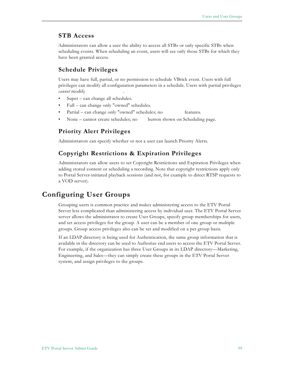 Configuring user groups, Stb access, 99 schedule privileges | 99 priority alert privileges, 99 copyright restrictions & expiration privileges, Schedule privileges, Priority alert privileges, Copyright restrictions & expiration privileges | VBrick Systems Portal Server ETV v4.2.1 User Manual | Page 111 / 180