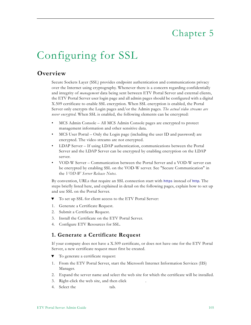 Configuring for ssl, Overview, Generate a certificate request | Chapter 5 | VBrick Systems Portal Server ETV v4.2.1 User Manual | Page 117 / 180