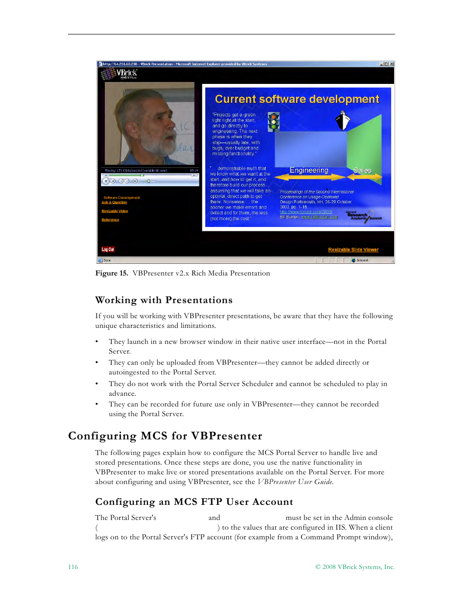 Working with presentations, Configuring mcs for vbpresenter, Configuring an mcs ftp user account | VBrick Systems Portal Server ETV v4.2.1 User Manual | Page 128 / 180